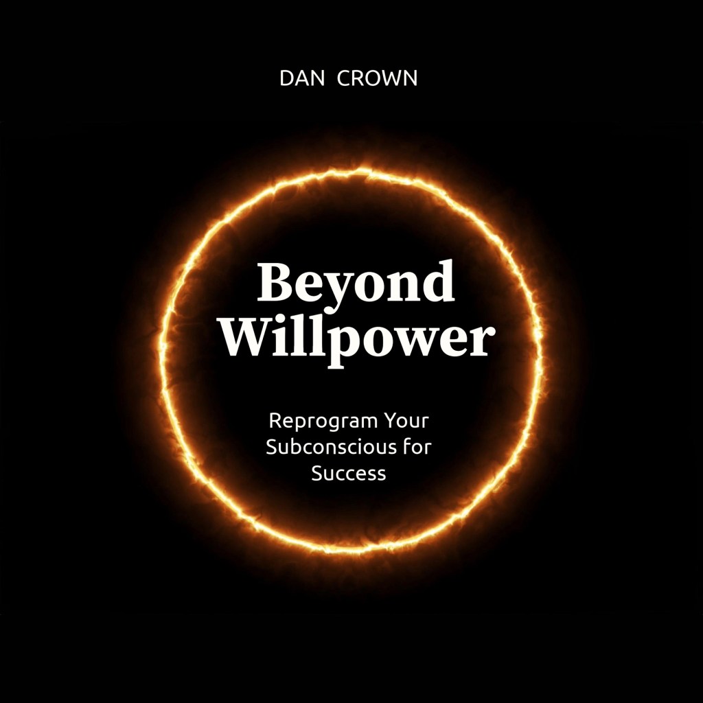 Beyond Willpower audiobook cover by Dan Crown featuring a glowing orange circle on a black background, symbolizing subconscious transformation.