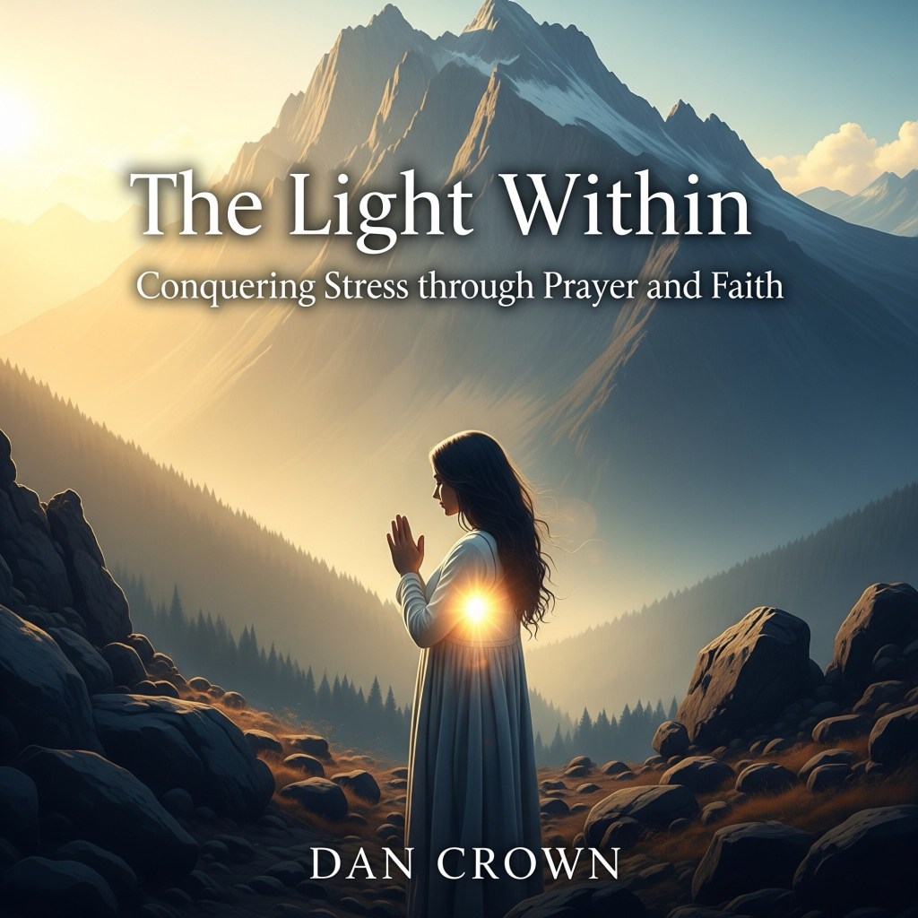 The Light Within: Conquering Stress through Prayer and Faith” audiobook cover by Dan Crown – Christian self-help book about overcoming stress and anxiety through prayer, faith, and biblical wisdom, available on Google Play.