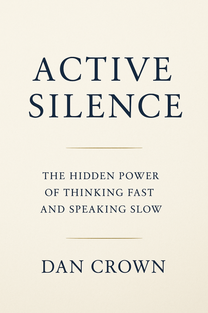 Elegant minimalist cover of Active Silence by Dan Crown – a modern Stoic guide to fast thinking and slow speech, designed for leaders seeking calm authority.